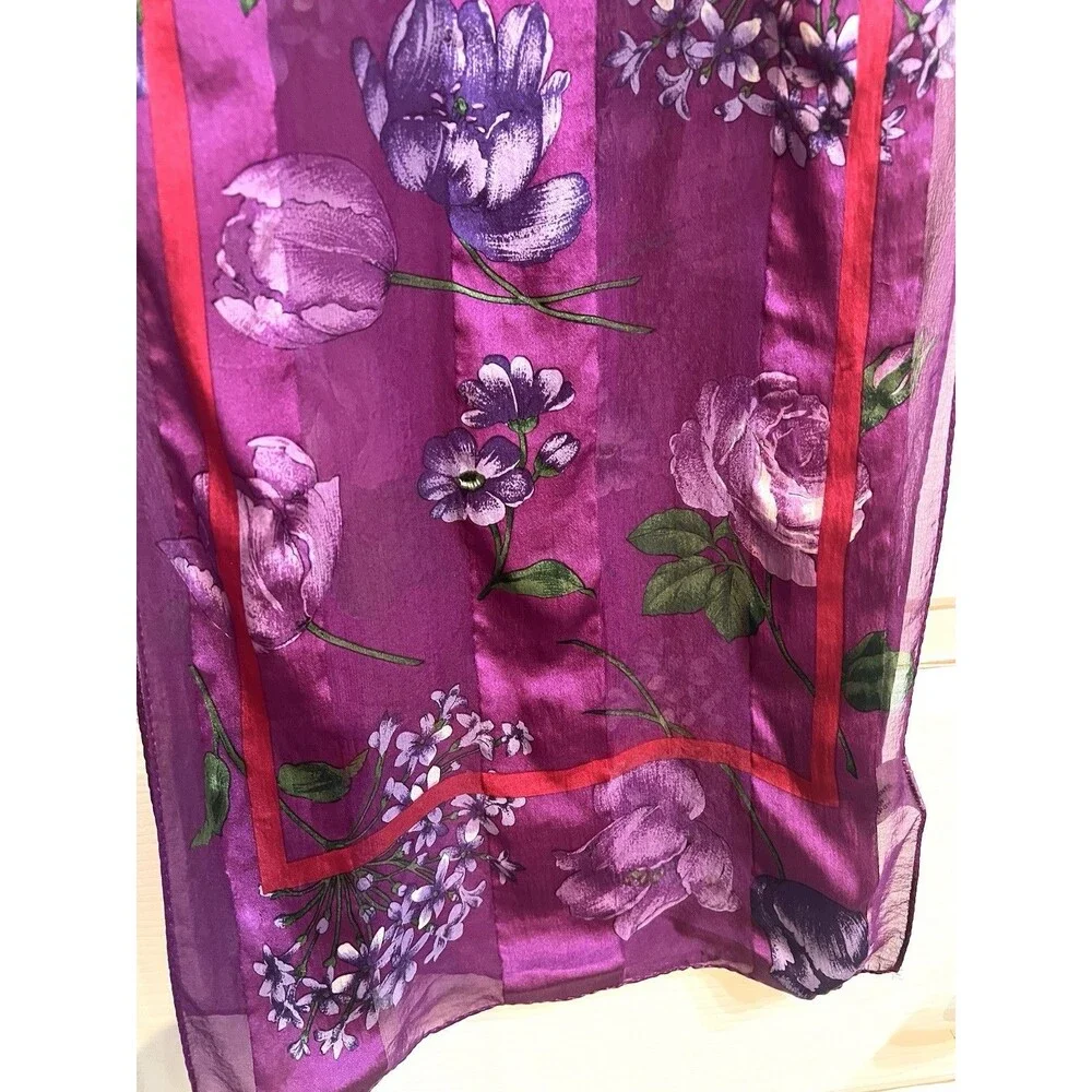 Accessory Street 100% Silk Chiffon Rectangle Scarf Purple Floral Logo Dry Clean
